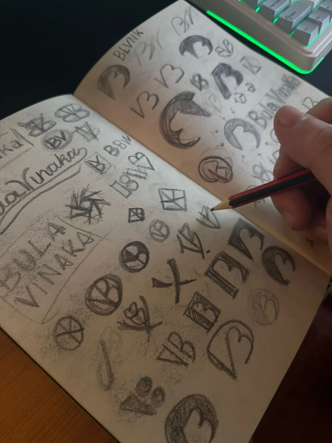 Hoja de bocetos a lápiz de un logotipo, boceto BulaVinaka